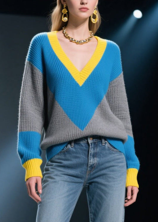 Vintage Mixed Color V Neck Patchwork Knit Pullover Winter