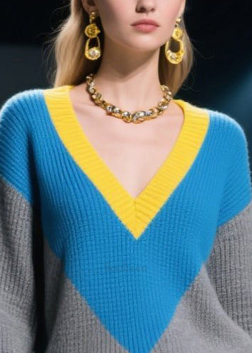 Vintage Mixed Color V Neck Patchwork Knit Pullover Winter