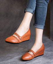 Load image into Gallery viewer, Vintage Mulberry Cowhide Wrinkled Leather Splicing High Wedge Heels