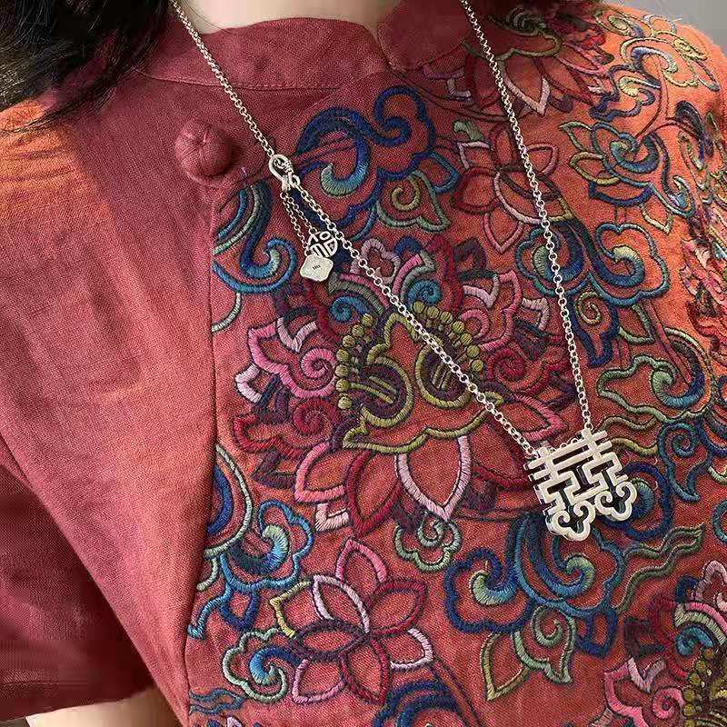 Vintage Mulberry Stand Collar Embroideried Linen Long Dress Short Sleeve