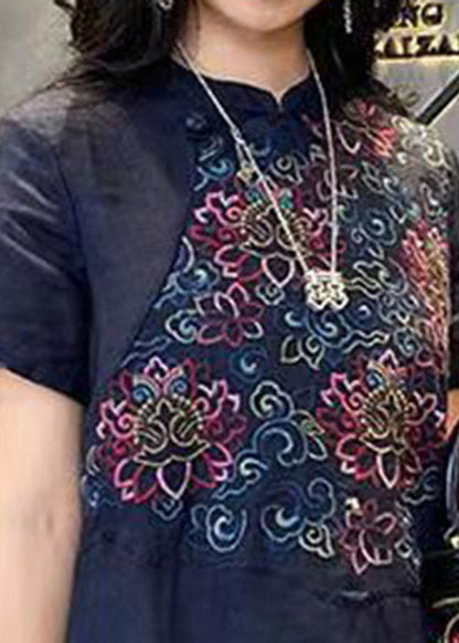 Vintage Mulberry Stand Collar Embroideried Linen Long Dress Short Sleeve