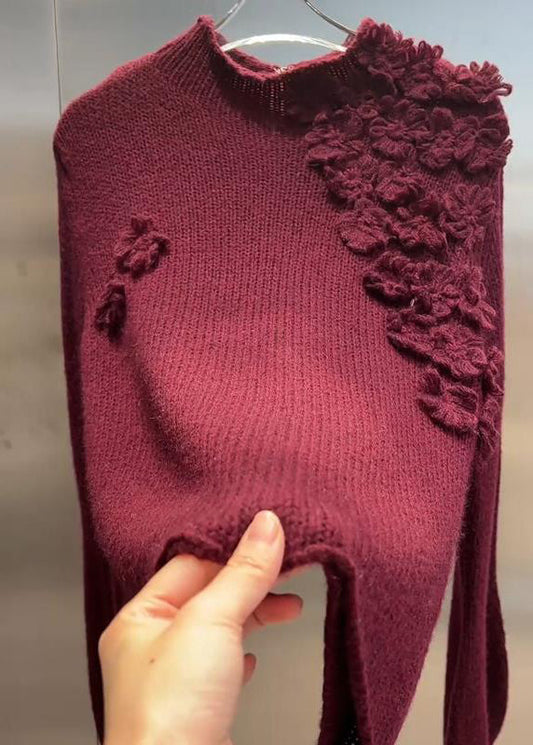 Vintage Mulberry Turtleneck Floral Cotton Knit Sweater Tops Spring