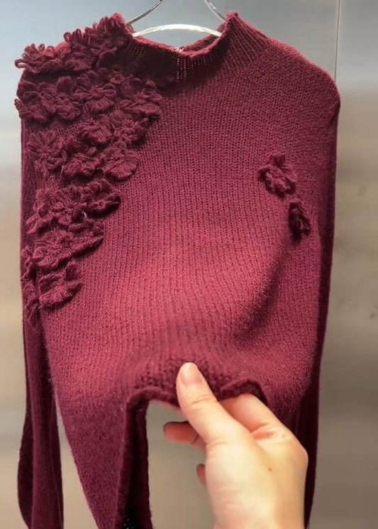 Vintage Mulberry Turtleneck Floral Cotton Knit Sweater Tops Spring