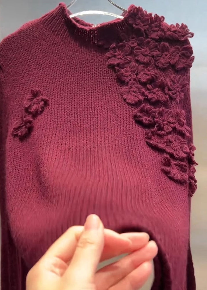 Vintage Mulberry Turtleneck Floral Cotton Knit Sweater Tops Spring