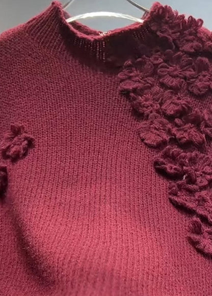 Vintage Mulberry Turtleneck Floral Cotton Knit Sweater Tops Spring