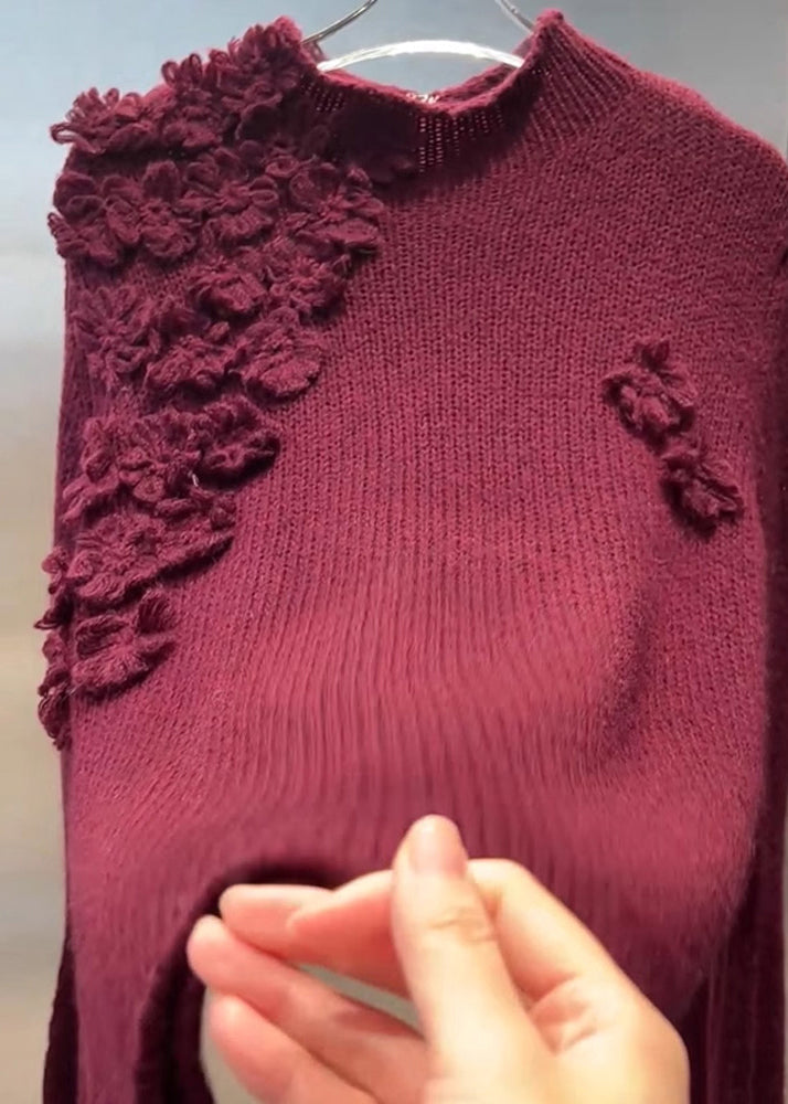 Vintage Mulberry Turtleneck Floral Cotton Knit Sweater Tops Spring