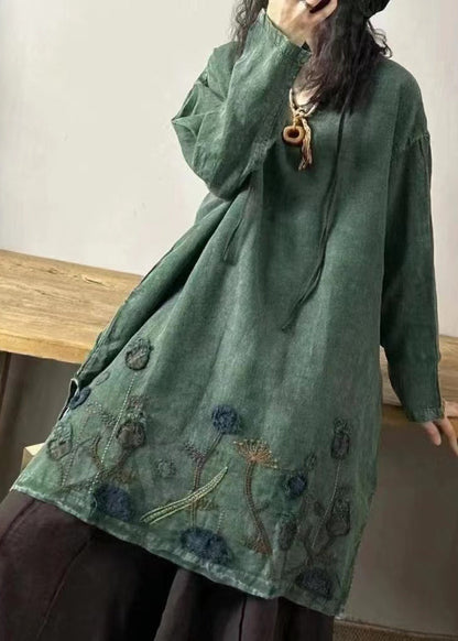 Vintage Yellow stripes V Neck Embroidered Patchwork Linen Mid Dresses Fall