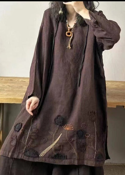 Vintage Black flower V Neck Embroidered Patchwork Linen Mid Dresses Fall