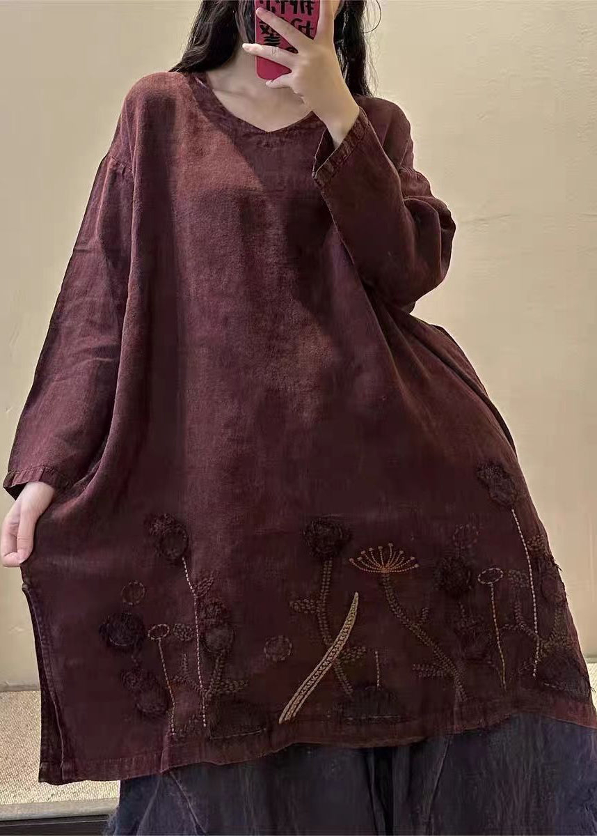 Vintage black text V Neck Embroidered Patchwork Linen Mid Dresses Fall