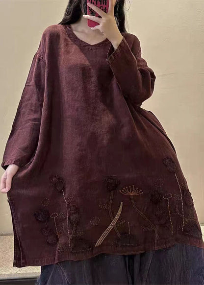 Vintage Black flower V Neck Embroidered Patchwork Linen Mid Dresses Fall
