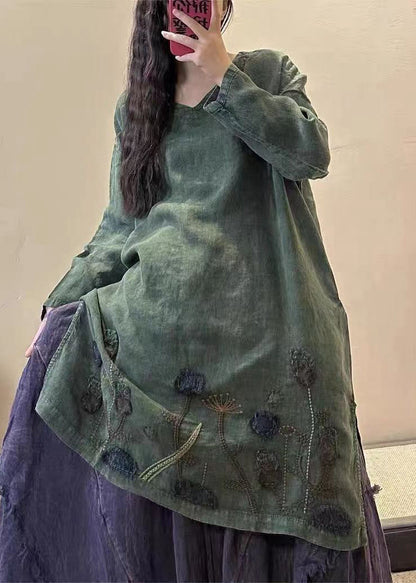 Vintage green polka dots V Neck Embroidered Patchwork Linen Mid Dresses Fall