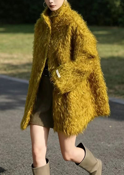 Vintage Mustard Yellow Stand Collar Coat Outwear Winter