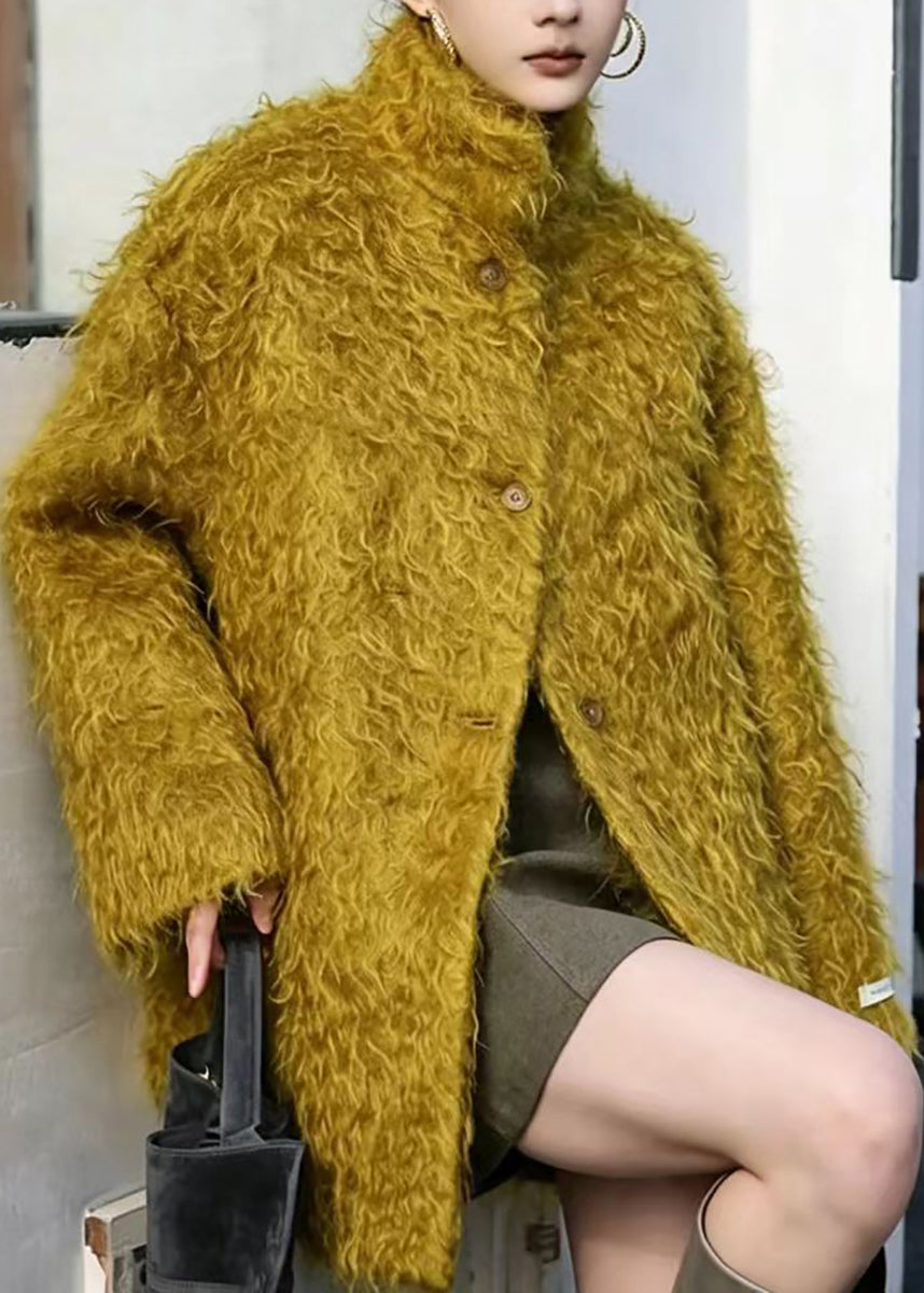 Vintage Mustard Yellow Stand Collar Coat Outwear Winter