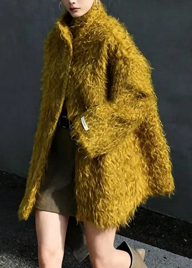 Vintage Mustard Yellow Stand Collar Coat Outwear Winter