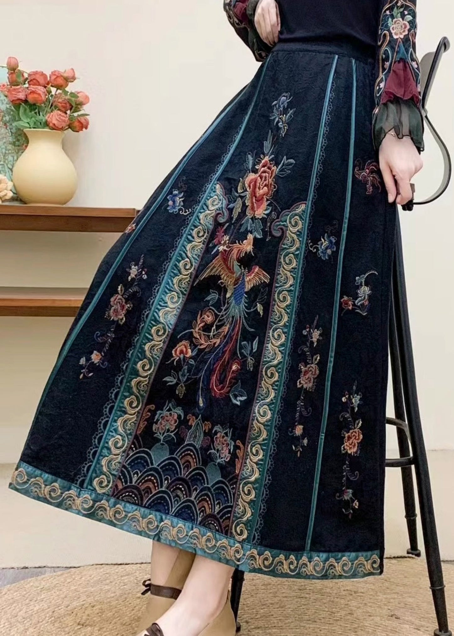 Vintage Navy Embroidered High Waist Cotton Skirt Fall