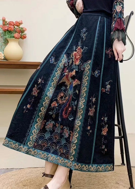 Vintage Navy Embroidered High Waist Cotton Skirt Fall