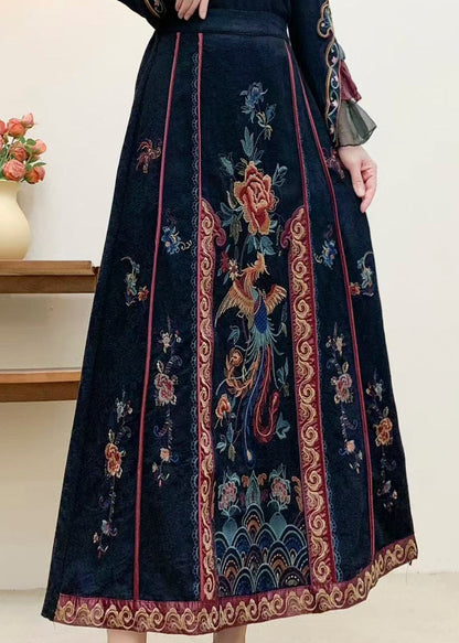 Vintage Navy Embroidered High Waist Cotton Skirt Fall