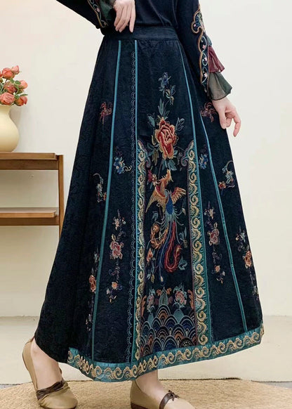 Vintage Navy Embroidered High Waist Cotton Skirt Fall