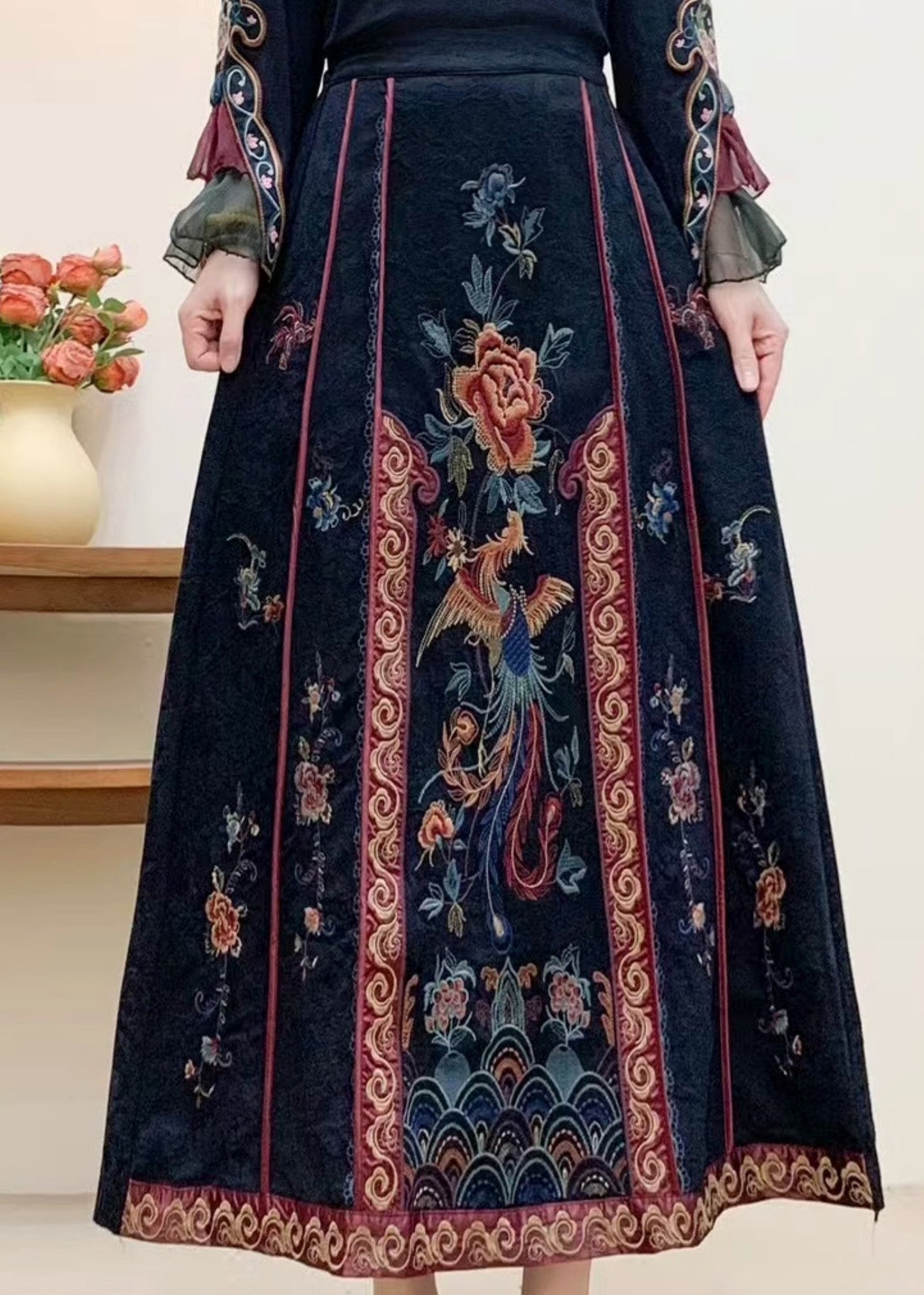 Vintage Navy Embroidered High Waist Cotton Skirt Fall