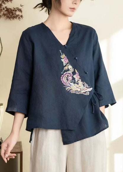 Vintage Navy Embroidered Tie Waist Linen Shirts Spring