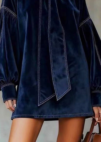 Vintage Navy High Neck Silk Velvet Mini Dresses Fall