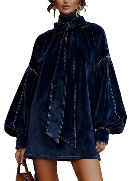 Vintage Navy High Neck Silk Velvet Mini Dresses Fall
