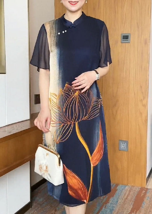 Vintage Navy Mandarin Collar Print Silk Holiday Dress Cloak Sleeves