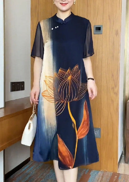 Vintage Navy Mandarin Collar Print Silk Holiday Dress Cloak Sleeves