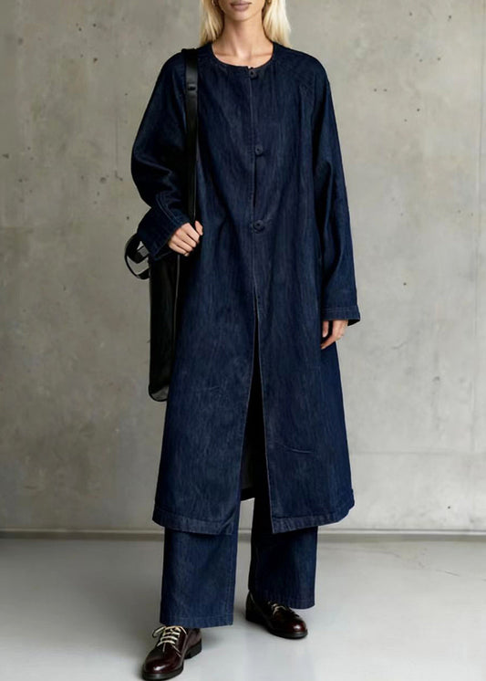 Vintage Navy Oversized Side Open Denim Two Piece Suit Set Spring