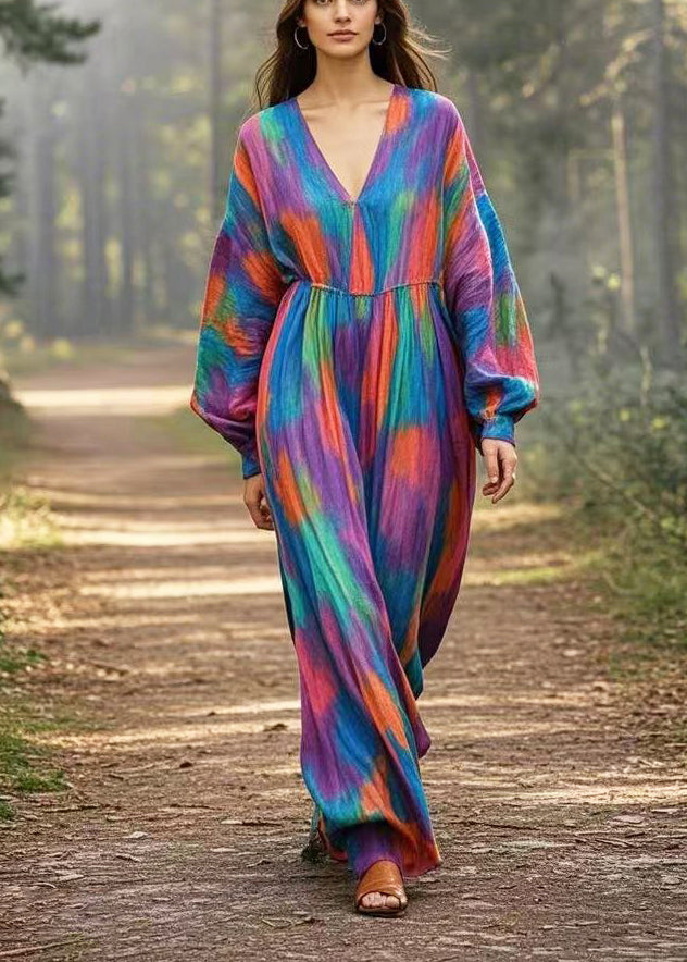 Vintage Navy Oversized Tie Dye Cotton Long Dress Spring