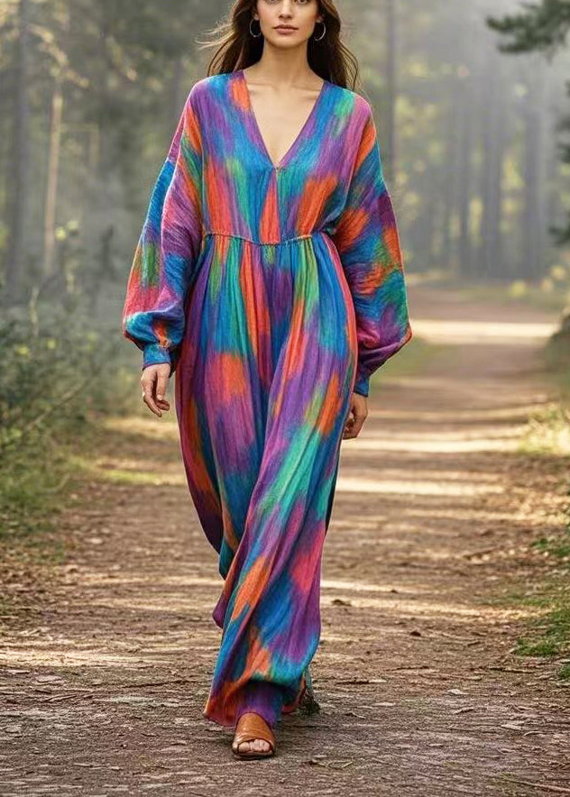 Vintage Navy Oversized Tie Dye Cotton Long Dress Spring