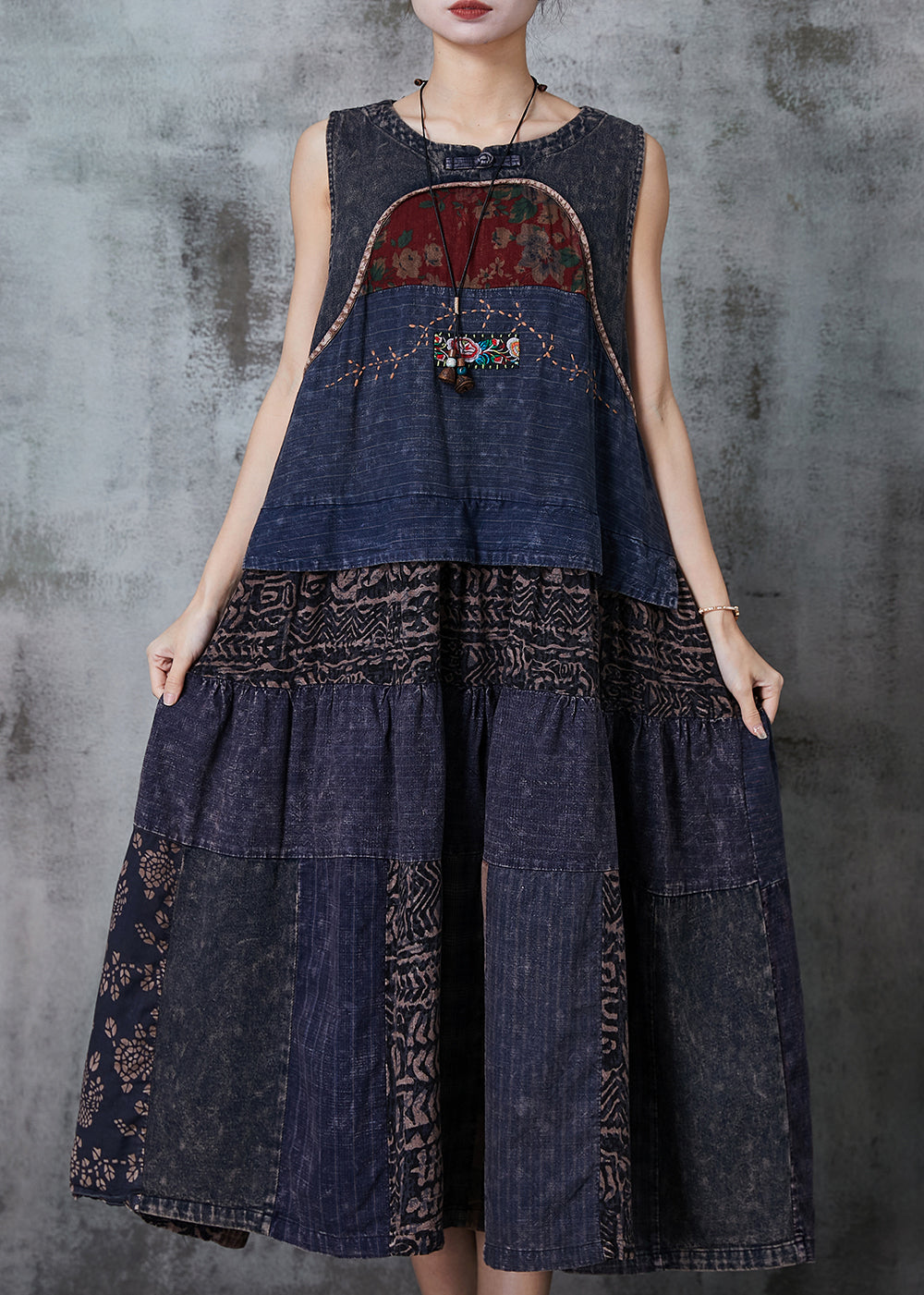 Vintage Navy Patchwork Denim National Style Dresses Spring