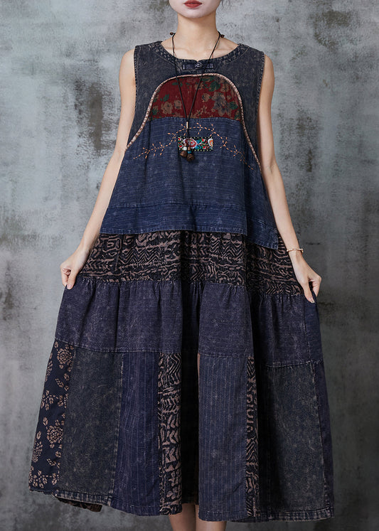 Vintage Navy Patchwork Denim National Style Dresses Spring