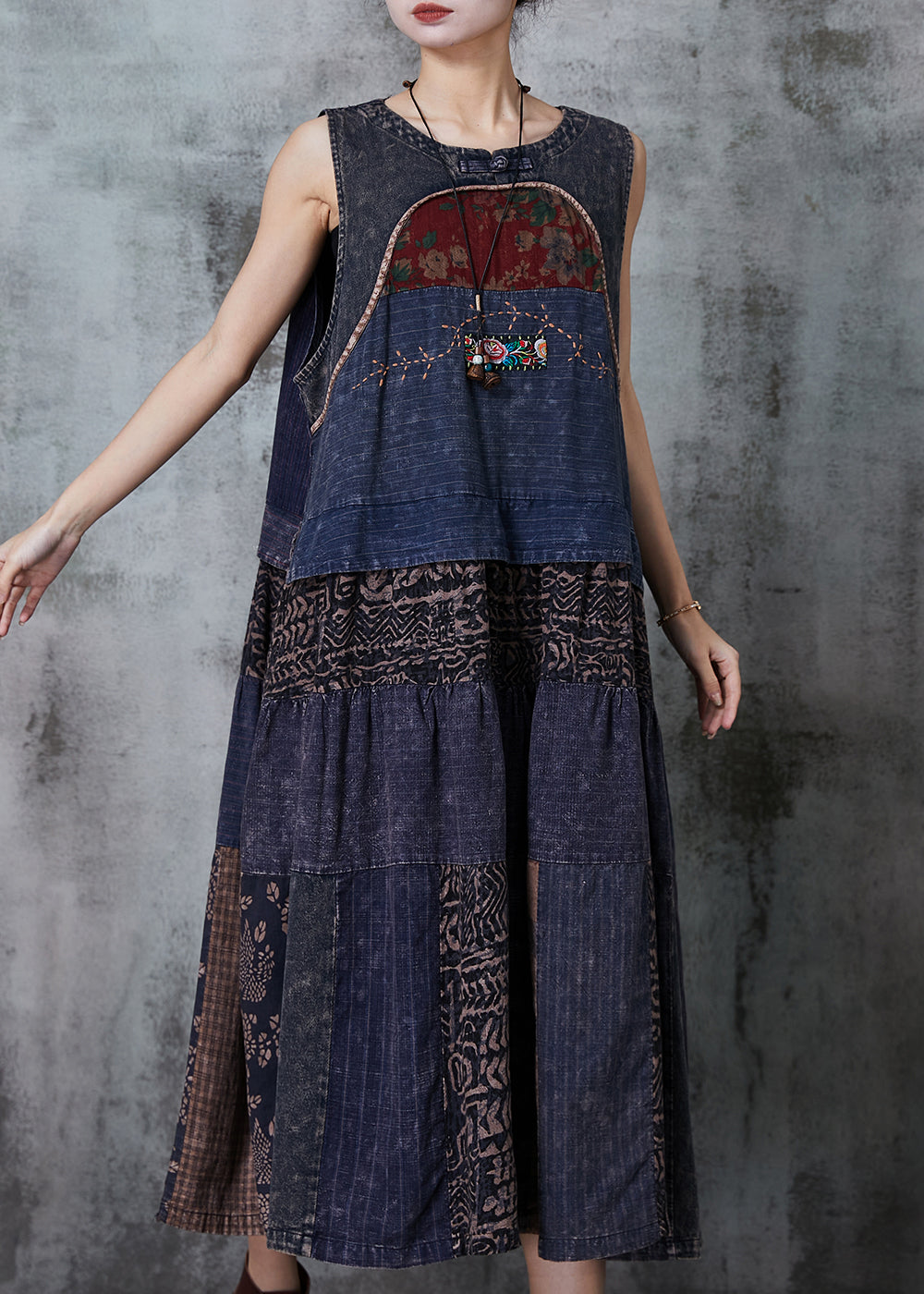 Vintage Navy Patchwork Denim National Style Dresses Spring