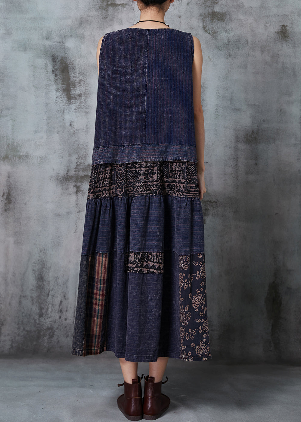 Vintage Navy Patchwork Denim National Style Dresses Spring