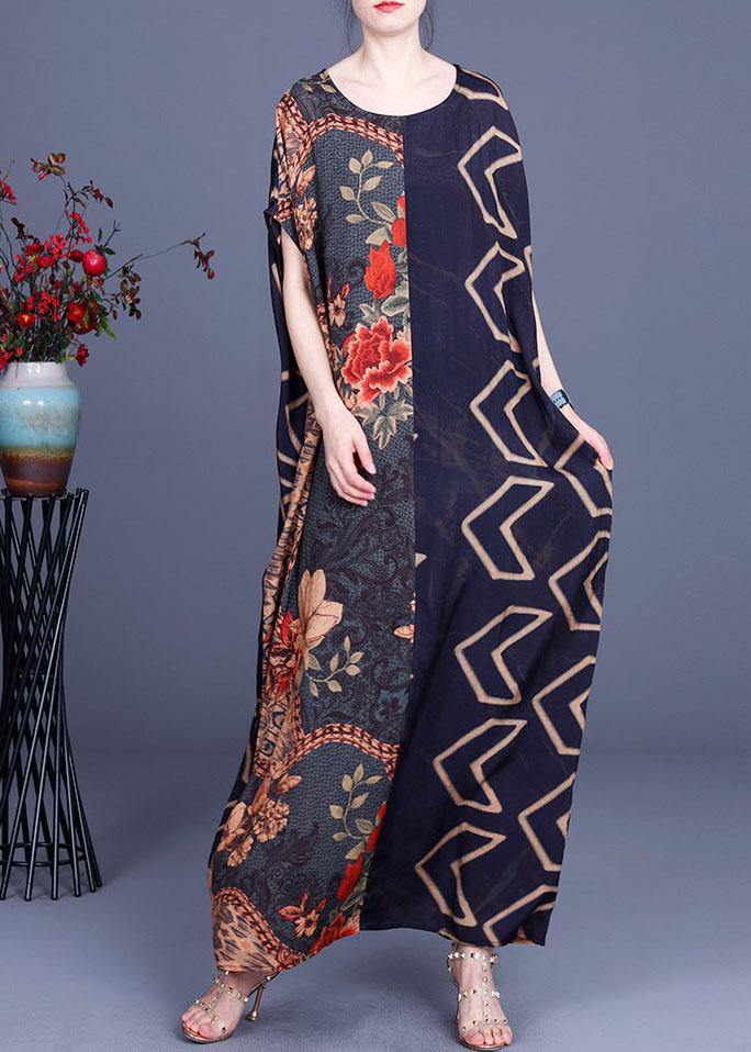Vintage Navy Print Patchwork Batwing Sleeve Silk Long Dress Summer - SooLinen