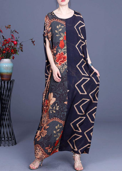 Vintage Navy Print Patchwork Batwing Sleeve Silk Long Dress Summer - SooLinen