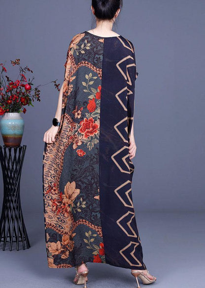 Vintage Navy Print Patchwork Batwing Sleeve Silk Long Dress Summer - SooLinen