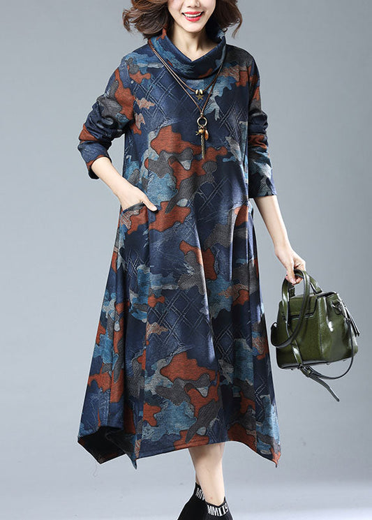Vintage Navy Print Pockets Patchwork Cotton Long Dresses Fall