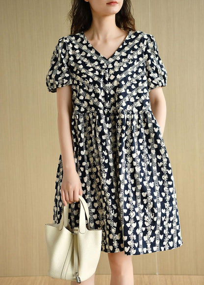Vintage Navy V Neck Loose Print Summer Cotton Dress Short Sleeve - SooLinen