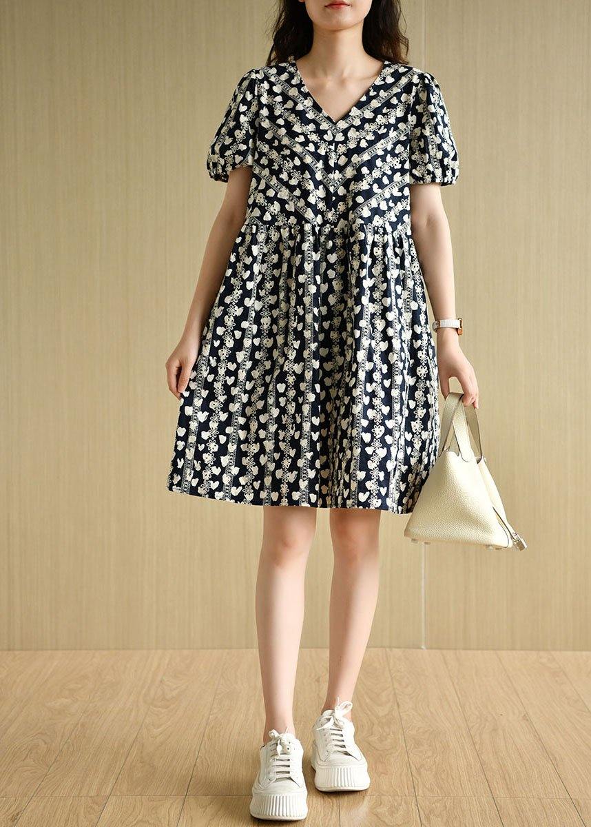 Vintage Navy V Neck Loose Print Summer Cotton Dress Short Sleeve - SooLinen