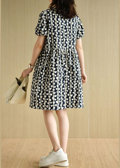 Vintage Navy V Neck Loose Print Summer Cotton Dress Short Sleeve - SooLinen