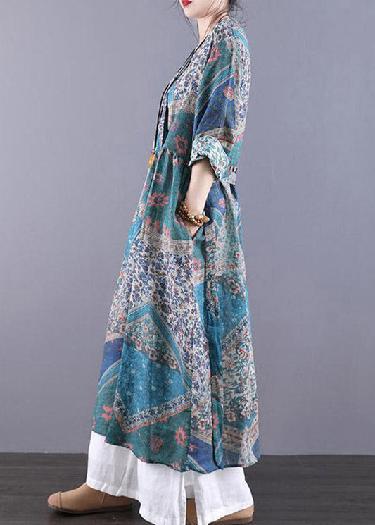 Vintage Navy V Neck Print Patchwork Wrinkled Dress Long Sleeve