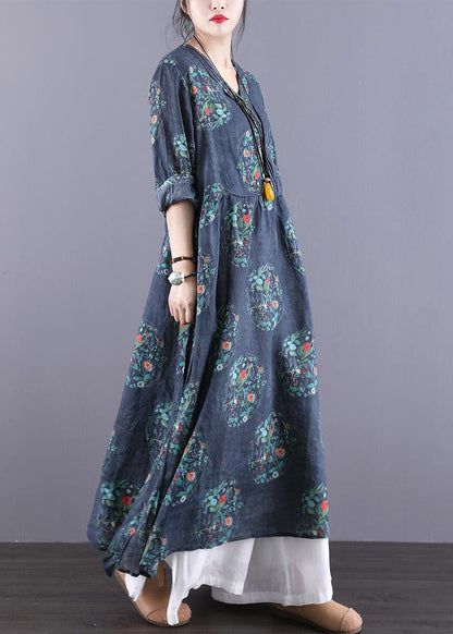 Vintage Navy V Neck Print Patchwork Wrinkled Dress Long Sleeve