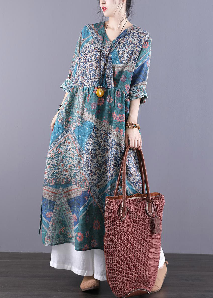 Vintage Navy V Neck Print Patchwork Wrinkled Dress Long Sleeve