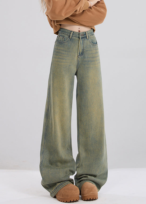 Vintage Nostalgic Blue Pockets High Waist Warm Fleece Jeans Spring