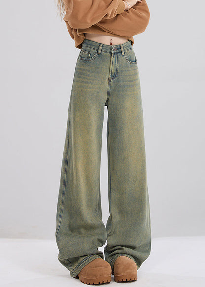 Vintage Nostalgic Blue Pockets High Waist Warm Fleece Jeans Spring