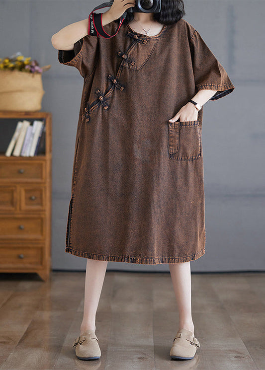 Vintage O-Neck Button Side Open Denim Long Dresses Short Sleeve