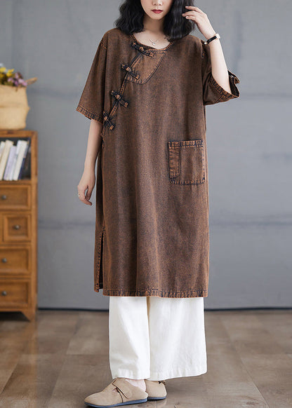 Vintage O-Neck Button Side Open Denim Long Dresses Short Sleeve