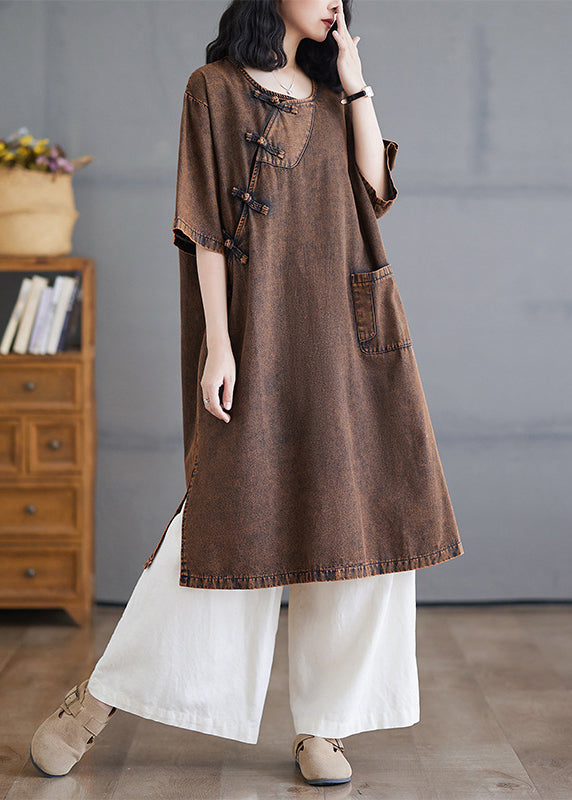 Vintage O-Neck Button Side Open Denim Long Dresses Short Sleeve